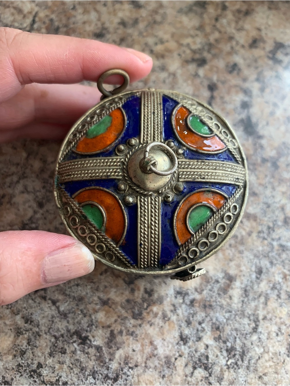 Vintage Enamel Round Box/Bracelet in Blue, Orange & Green